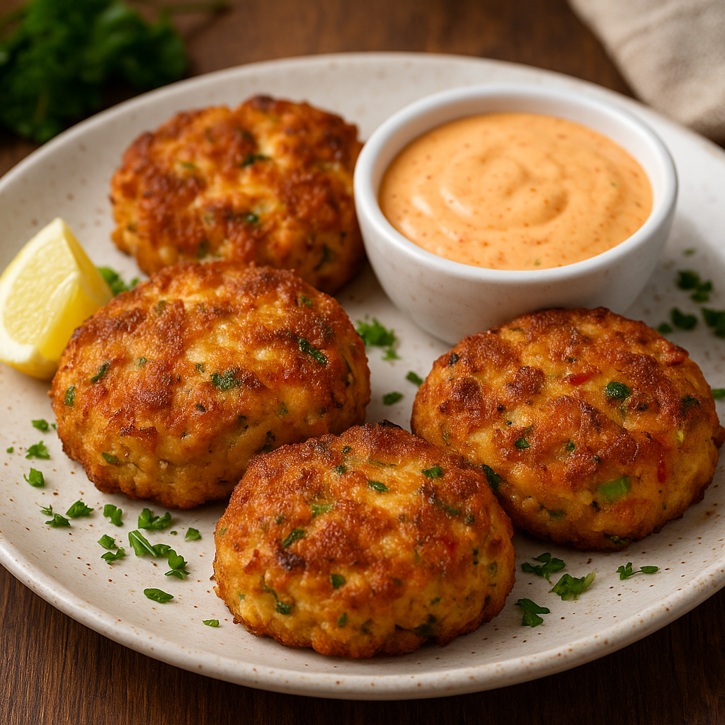 Four crab cakes with dipping sauce and lemon wedge on a plate.