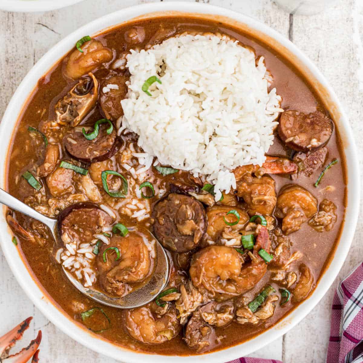 Bowl of gumbo with shrimp, sausage, white rice, and green onions.