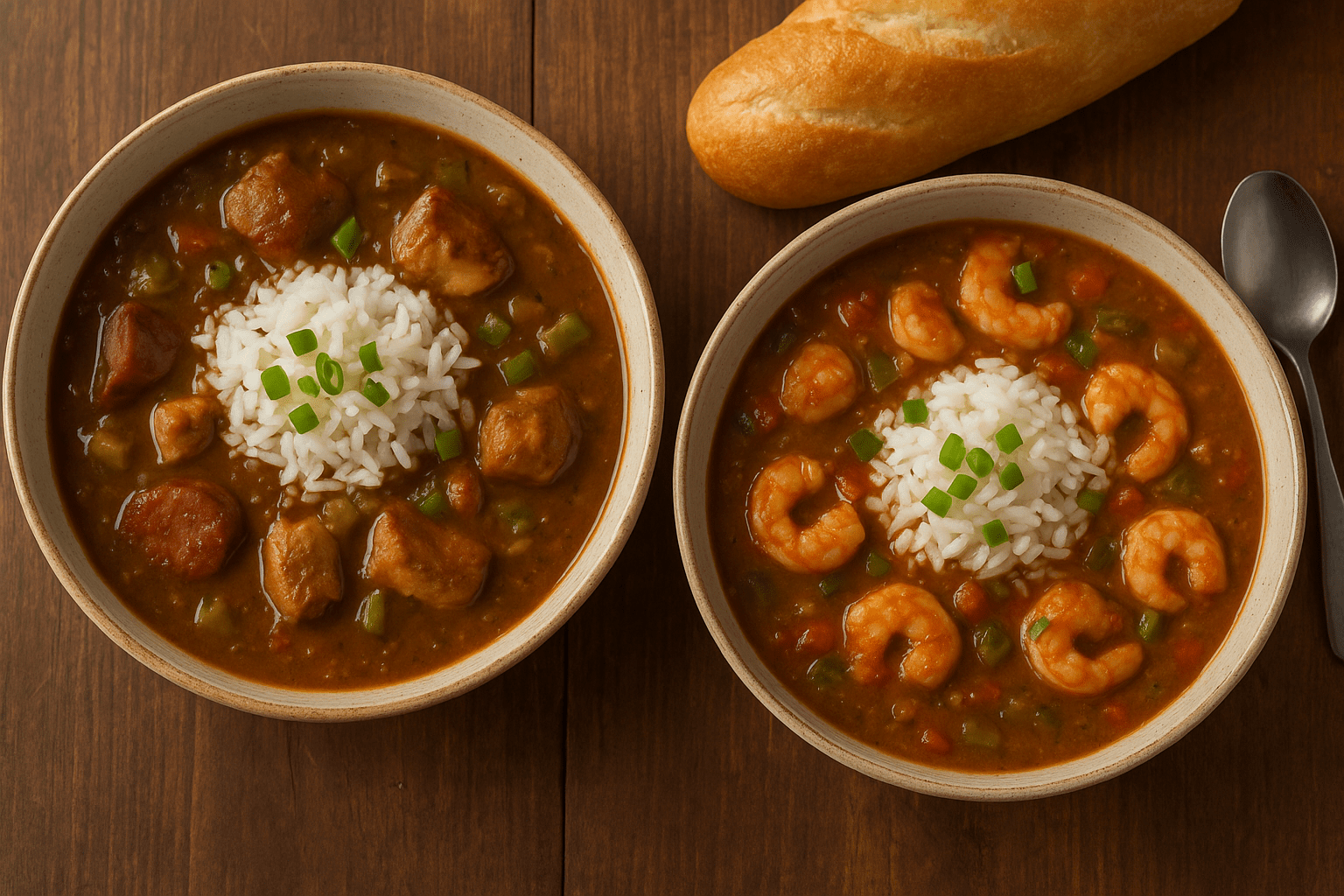 Two bowls of gumbo with rice in center; one with sausage and chicken, the other with shrimp; and a baguette.