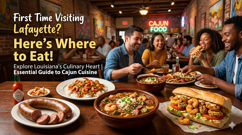Friends enjoying Cajun food at a restaurant in Lafayette, with dishes like gumbo and po' boys on the table.